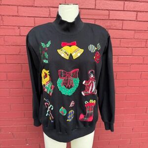 Vtg Alfred Dunner Christmas Sweatshirt Womens L Holiday Bells Ornaments Applique